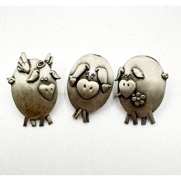 Vintage JJ Jonette Set Of 3 Pewter Pig Jewelry Pins Angel Hearts And Flower - Picture 1 of 4